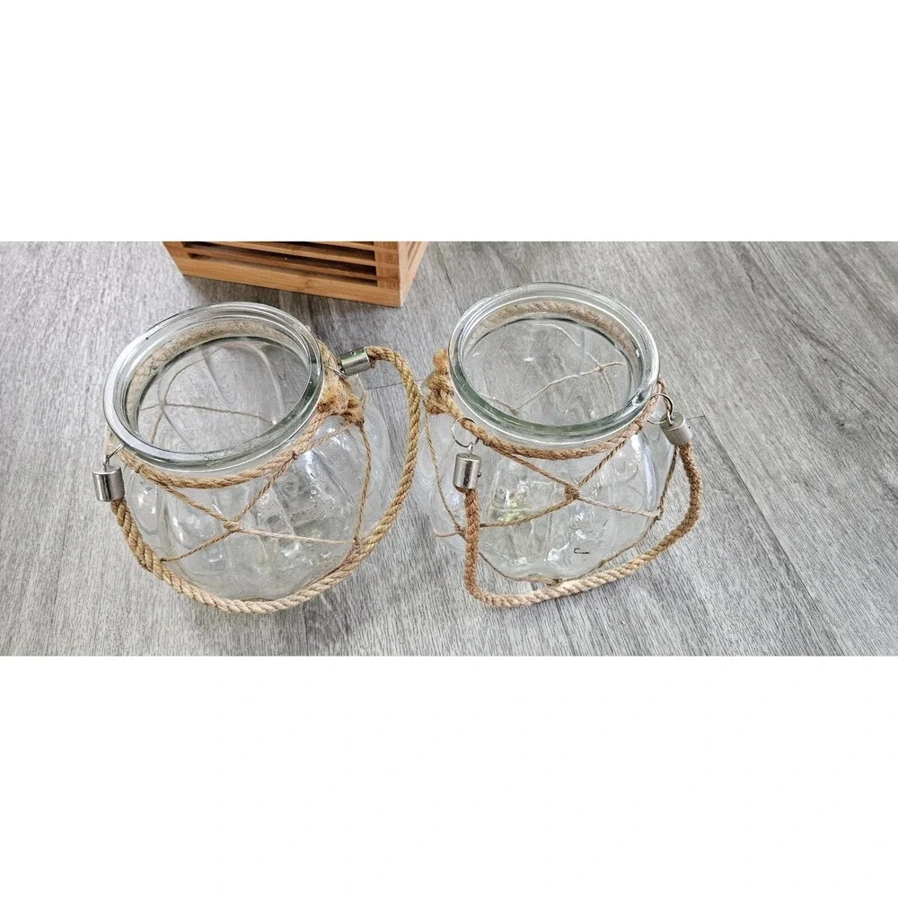Set of 2 Nautical Glass Lanterns with Jute Rope Netting and Handles Clear Ribbed